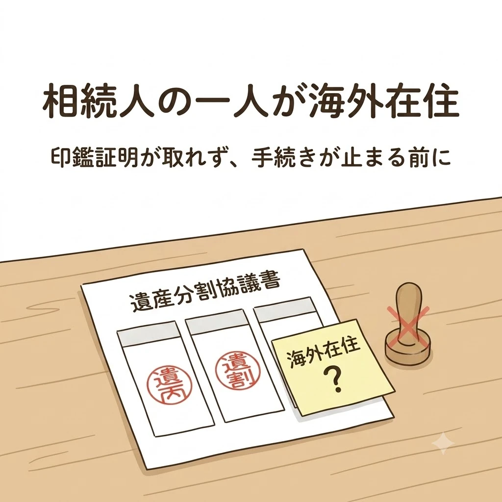 相続人の一人が海外在住。印鑑証明が取れず、手続きが止まる前に。
