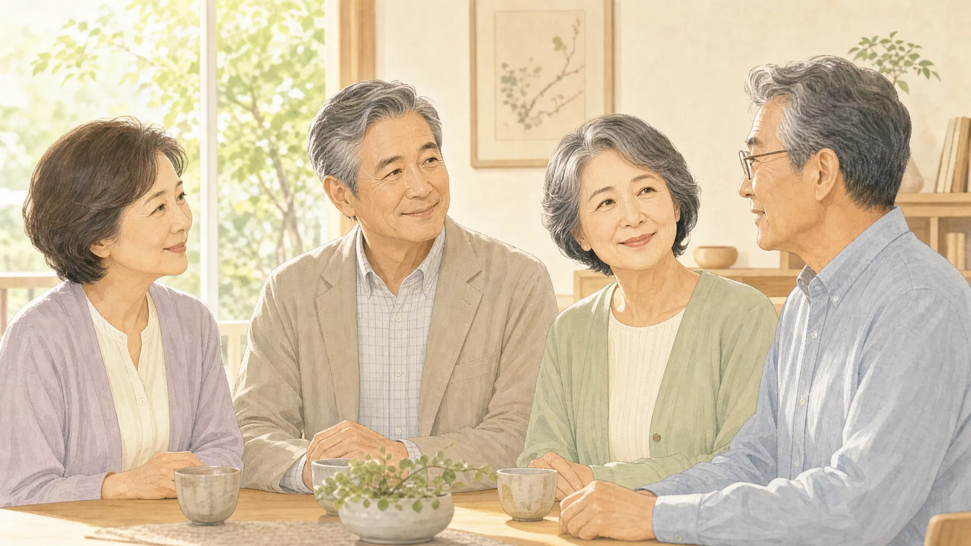 安堵した笑顔の60代の人たちのイラスト